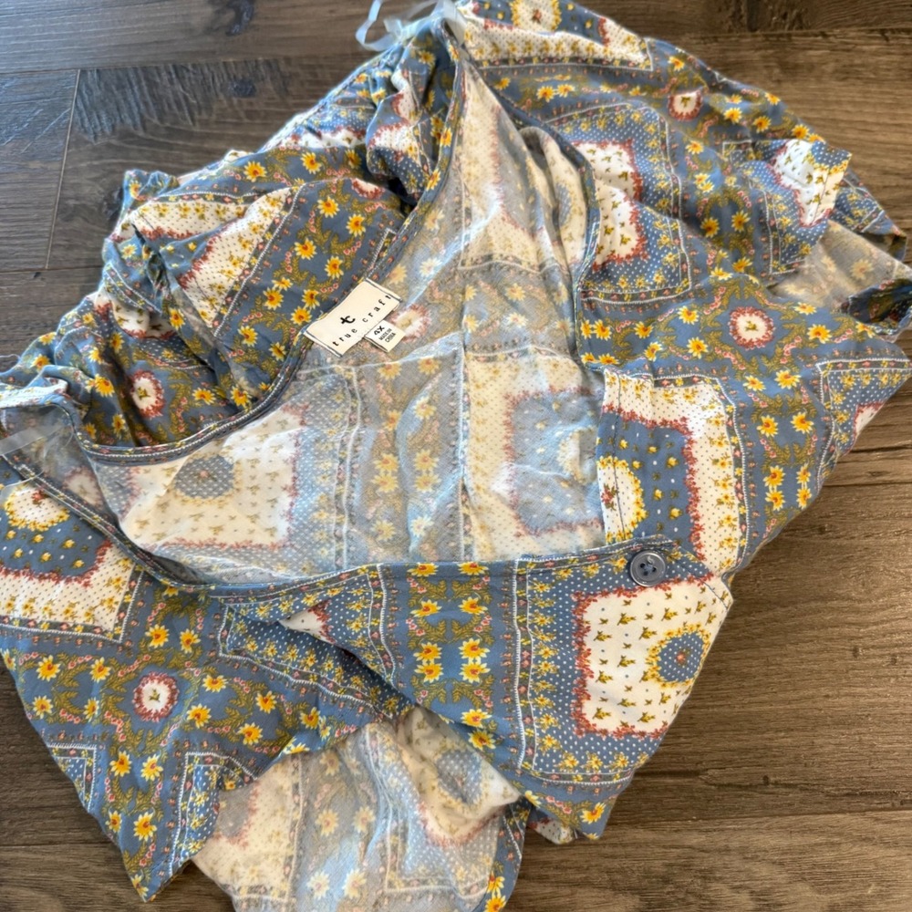 True Craft Floral Patchwork Babydoll Top Blue Yellow 4X Short Sleeve Tunic